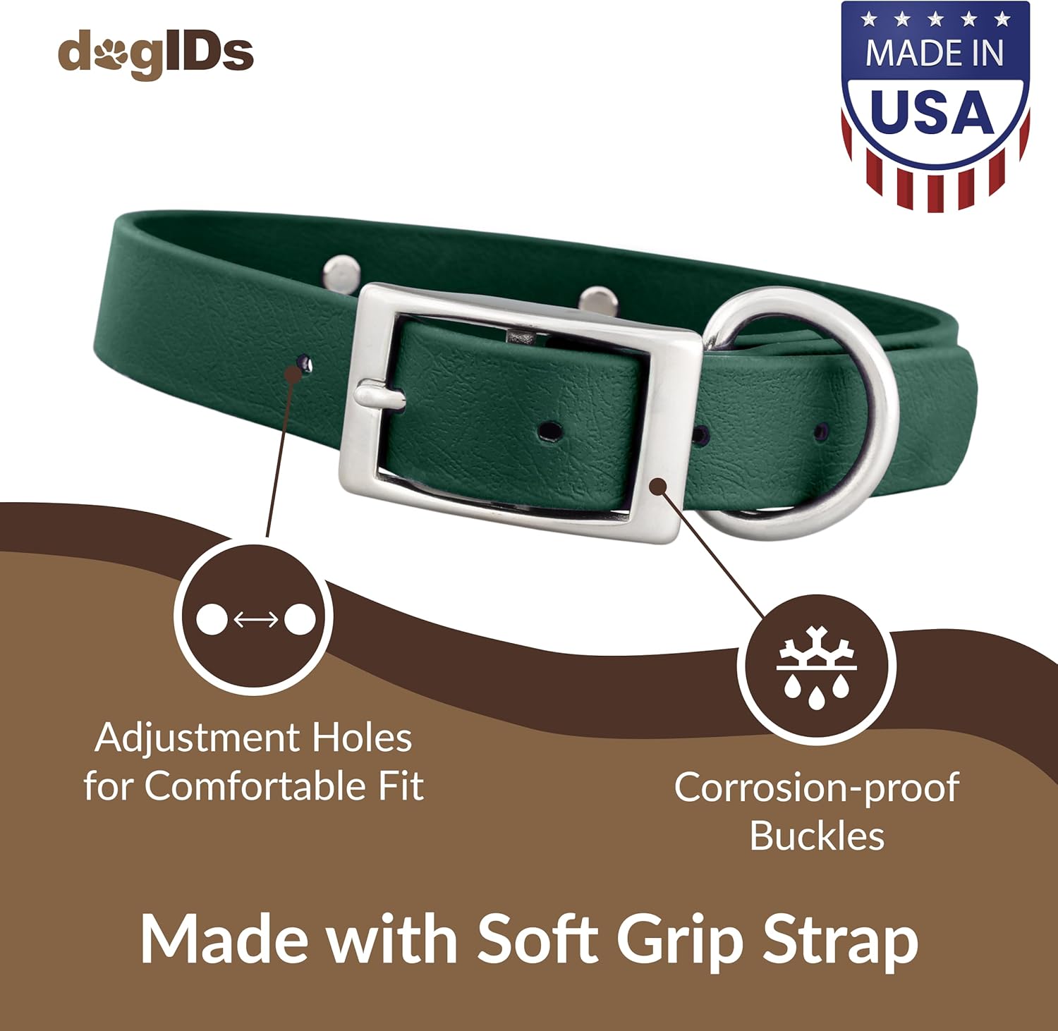 dogIDs Personalized Dog Collar – Custom Waterproof Soft-Grip Biothane with Laser-Engraved Nameplate, Durable & Odor-Resistant, USA Made | Hunter Green, 1 in x 18 in (Fits Neck Sizes 16-20 in)