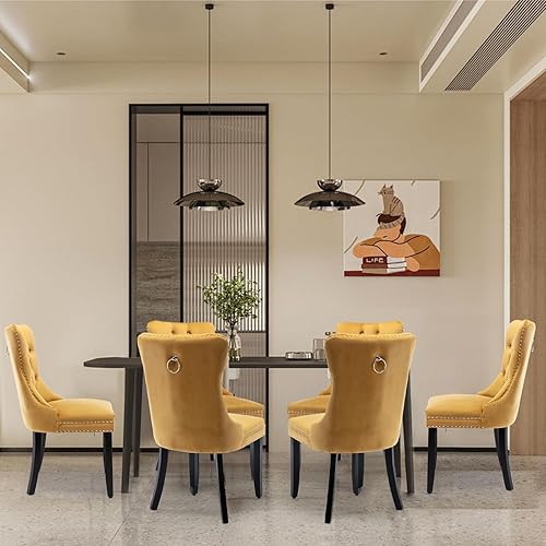 Miniatura 76 de Juego de 6 Sillas de Comedor Tapizadas en Terciopelo, Sillas Laterales de Cocina de Estilo Moderno con Ribete de Tachuelas y Patas de Madera, Anillo