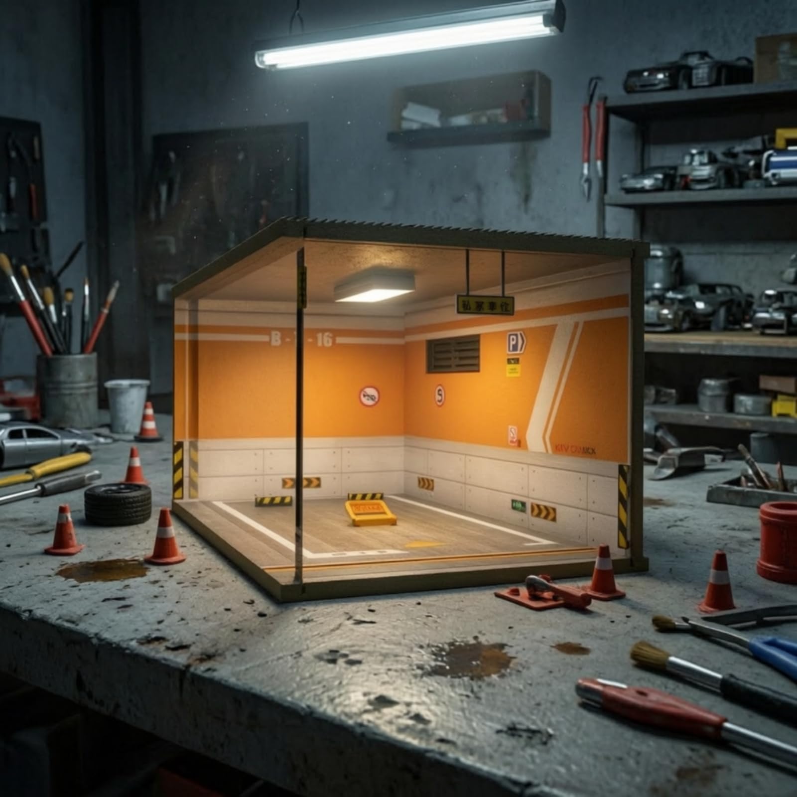 Modello di Garage Trasparente Modellismo | Assemblato, Alta Trasparenza, Diorama, per Esposizione su Mensola
