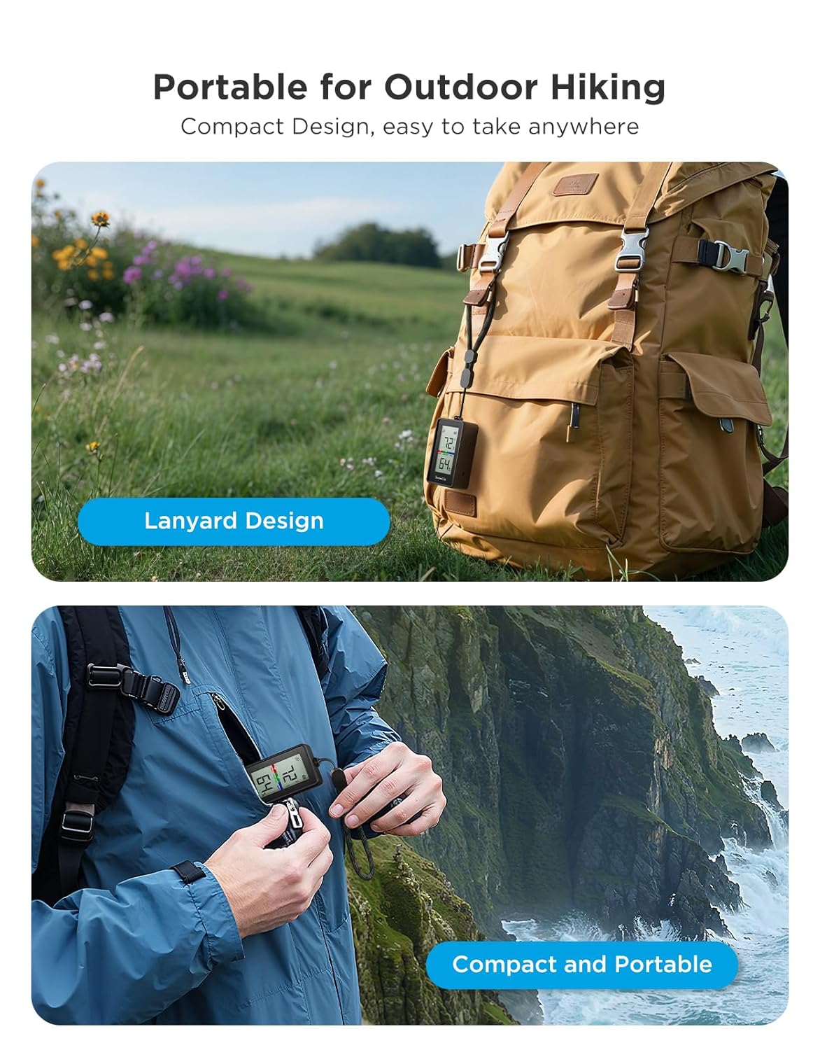 Smartphone displaying the Govee Home app with temperature and humidity data from the H5171 thermometer.