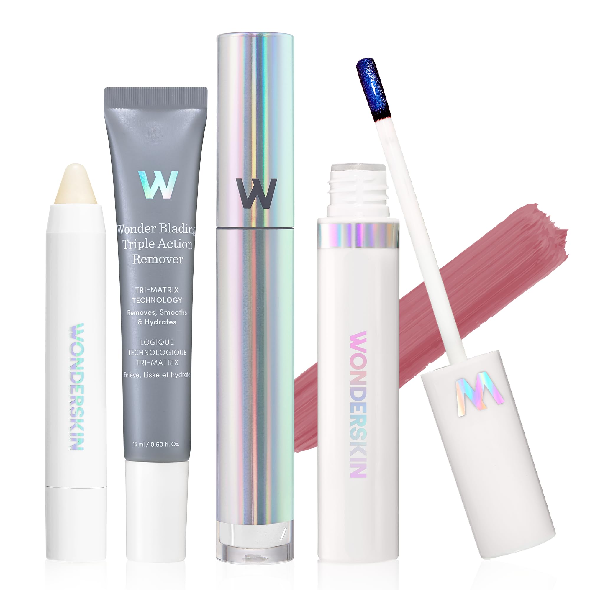 Wonderskin Wonder Blading Lip Stain Super Set - Long Lasting Nude Tint With Clear Top Gloss, Lip Exfoliator Scrub & Makeup Remover (XOXO)