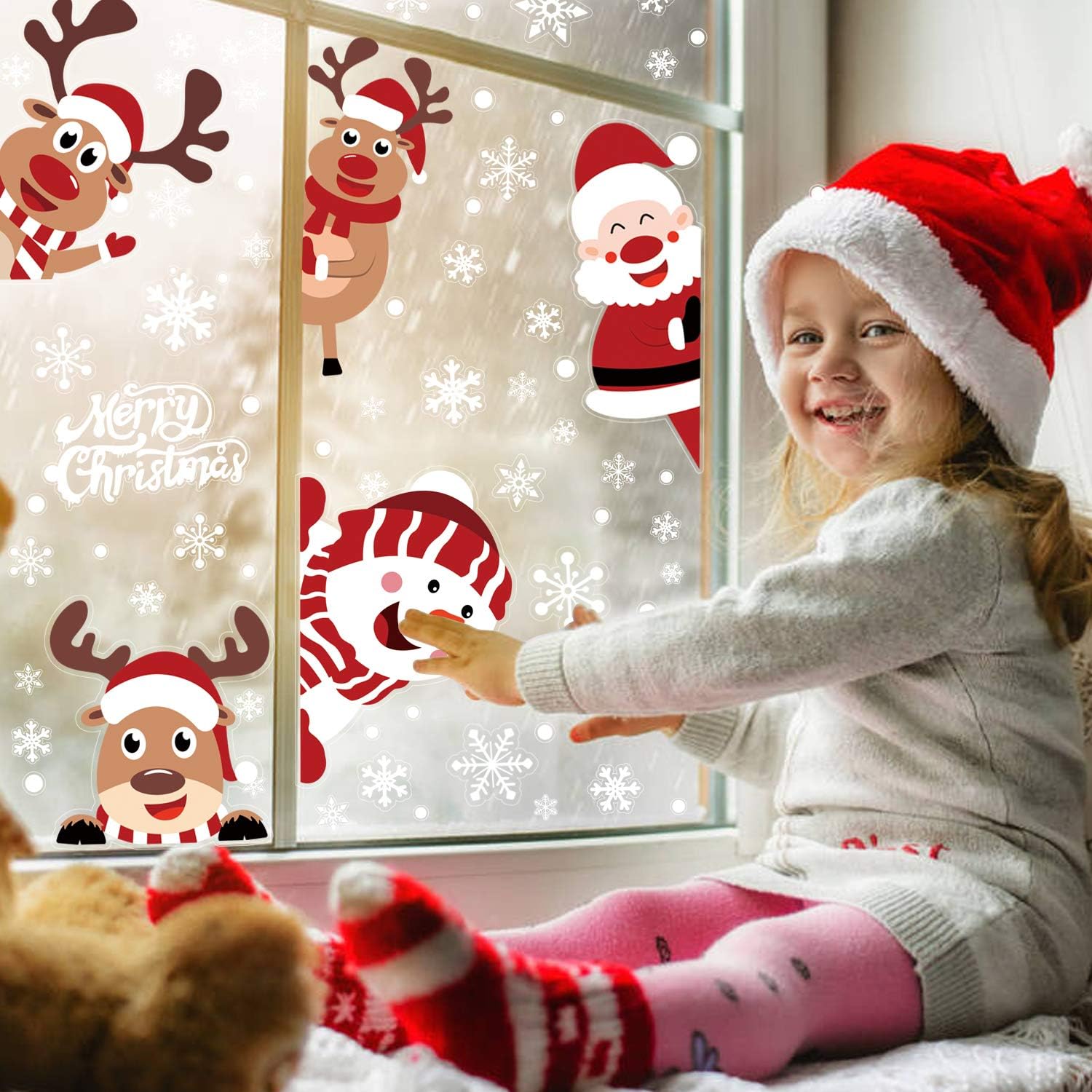 VEYLIN Christmas Window Cling, 6 Sheets Santa Rudolph Xmas Snowflake Window Stickers for Christmas Window Display - Image 5