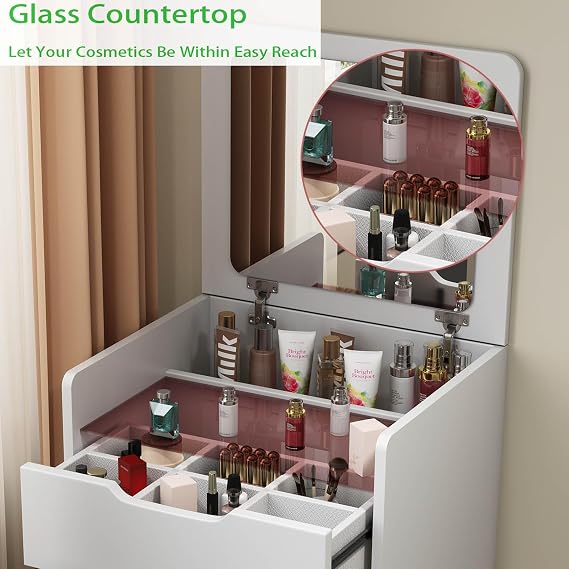 3 in 1 Vanity Desk with Plip Top Mirror, Small Vanity Desk Set with Storage Chair, Compact Makeup Vanity Desk with Visible Glass Desktop, for Bedroom, Apartment, Cloakroom, White (Basic)