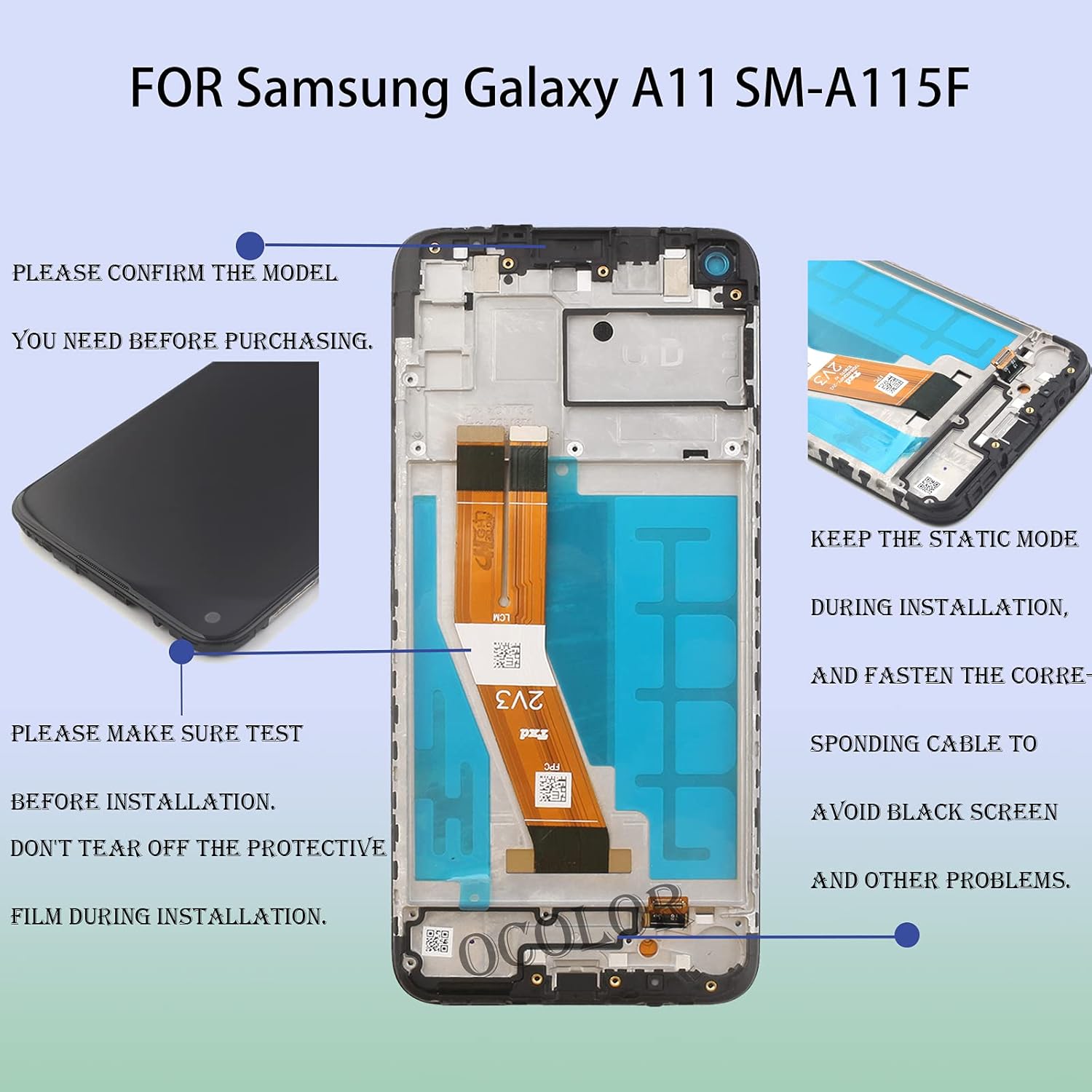 Exclusive OCOLOR Screen Replacement for Samsung Galaxy A11 A115 A115F A115M A115F/DS LCD Display Repair Parts Touch Screen Digitizer Assembly with Tools + 1 Piece Tempered Glass Film (with Frame)