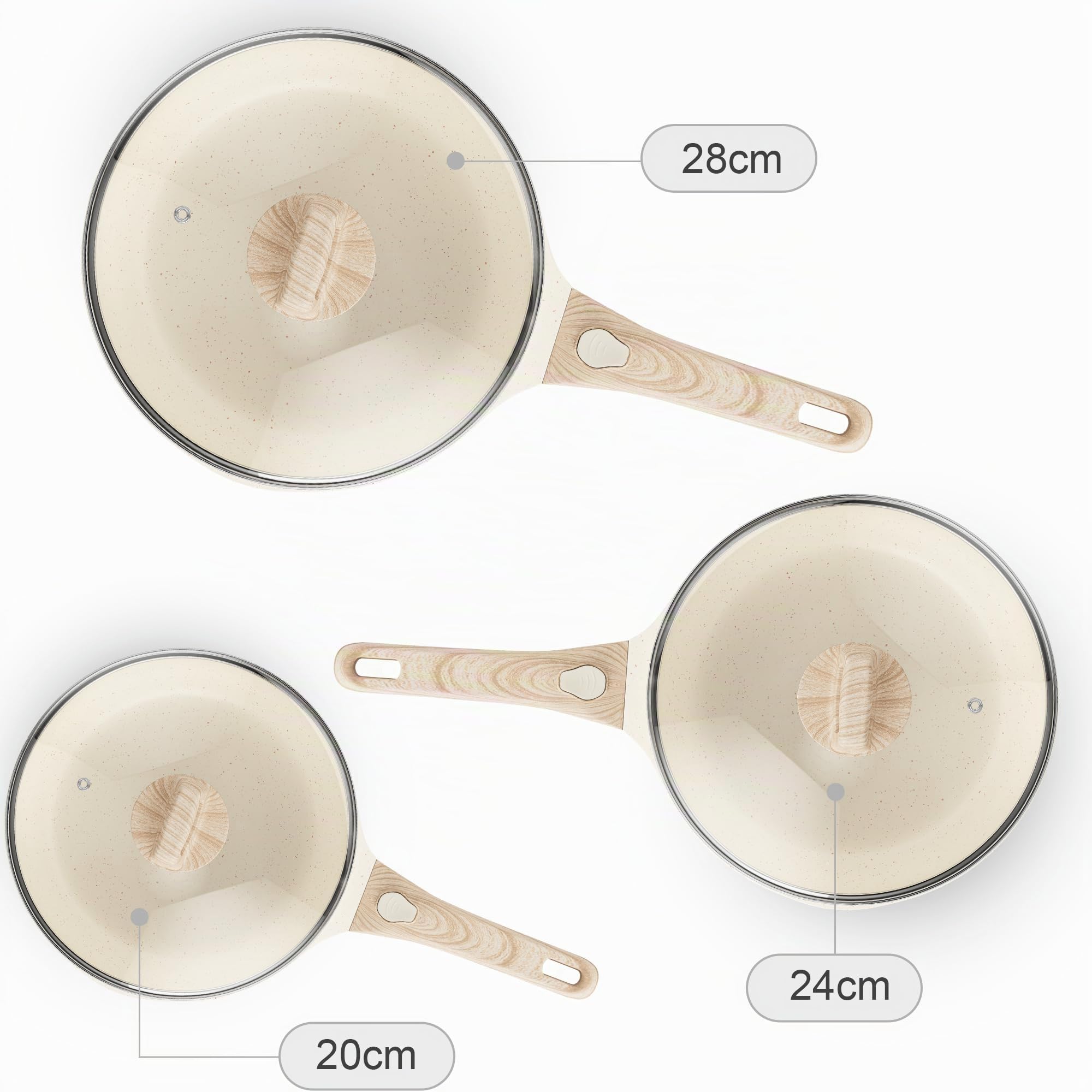 RIOVARM Induzione Set di padelle con manici staccabili, Antiaderente Padelle universali con coperchi 20 cm 24 cm 28 cm, Granito Padella per omelette, Set di pentole Adatto per forno e lavastoviglie