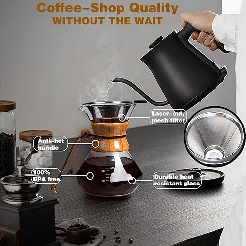 Miniatura 4 de COFISUKI Cafetera vertida con filtro de goteo de acero inoxidable reutilizable, jarra de café de vidrio de borosilicato sin plomo con collar de