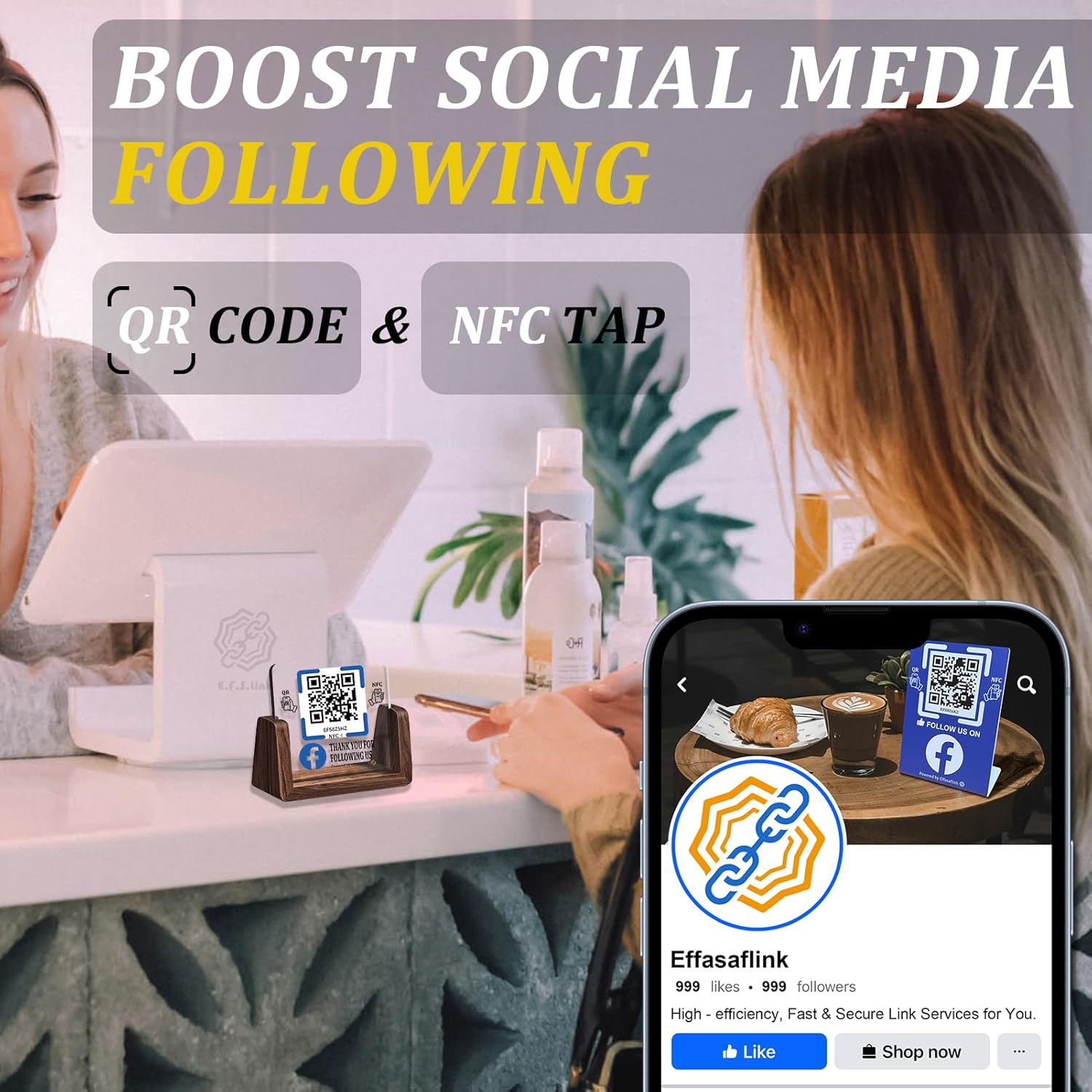 Wooden Stand with Clear Acrylic QR & NFC Sign for Storefront – Easy and Fast Access to Social Media Page for Customers – Perfect for Promoting Social Media Following - Compatible with Facebook