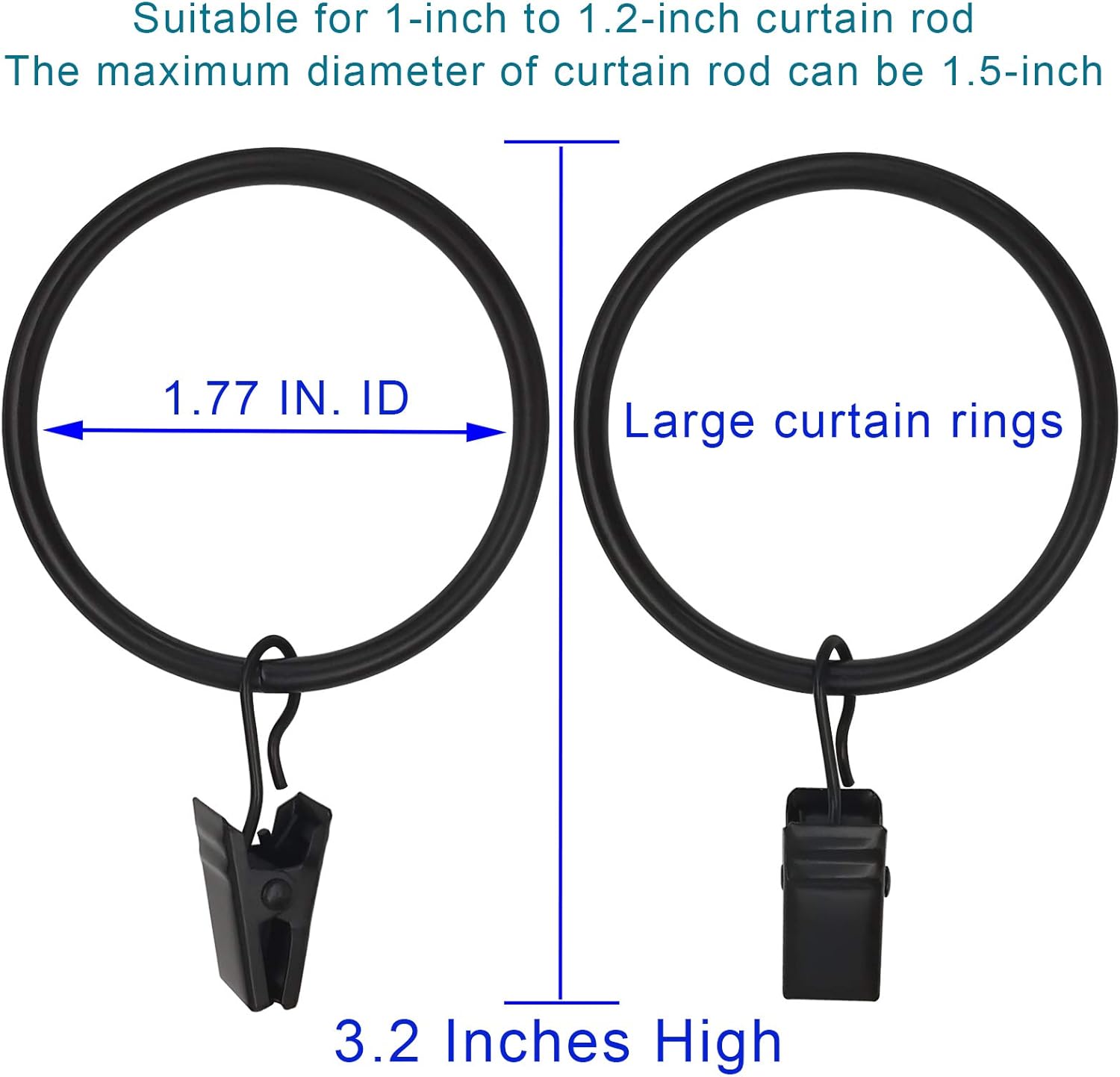 20 Pack Black Curtain Rings with Clips, Curtain Hooks Hangers Clip Rings for Hanging Drapes Bows Hat, Drapery Rings 1.77 in I D, Fits up to 1.5 in Diameter Curtain Rod. - Image 2