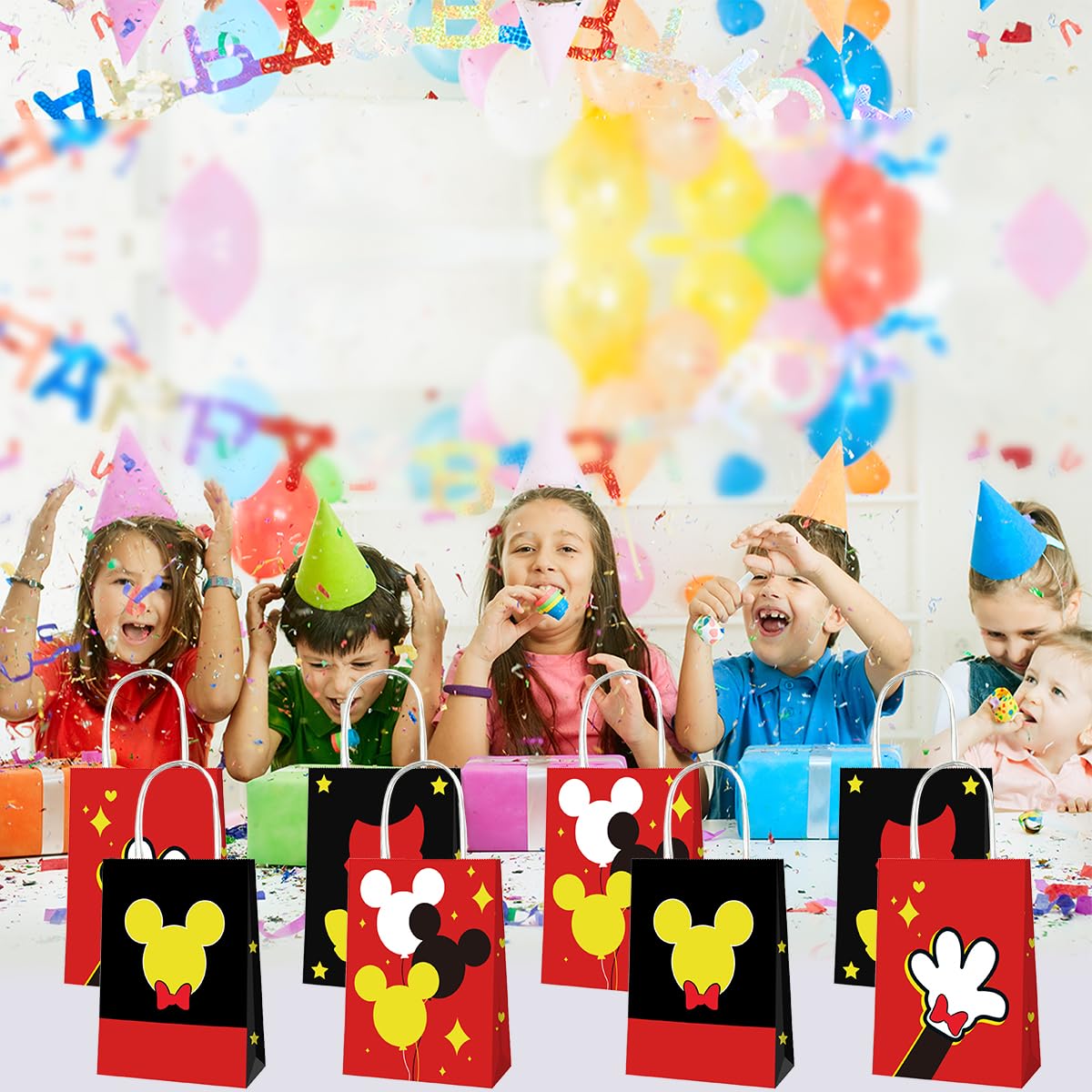 OU RUI 12Pcs Mouse Birthday Party Gift Bag Kids Birthday Candy Snack Carry Paper Bags Cartoon Mouse Theme Party Decoration Supplies