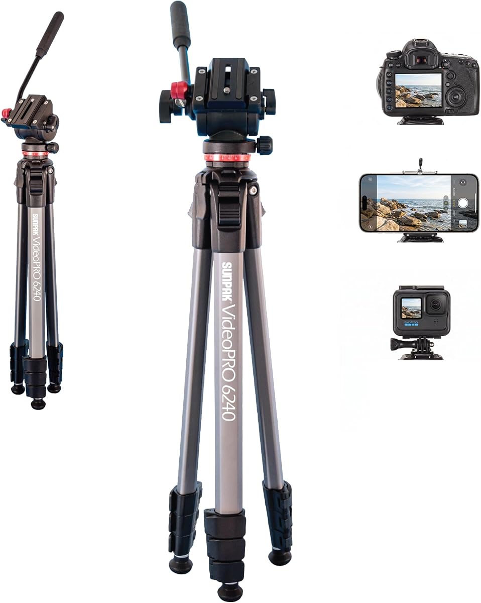 Sunpak VideoPRO 62" Aluminum Tripod with Gopro Adapters and Carry Bag | Removable pan-and-tilt handle, 17.6lb capacity, 62" height, 21.6" folded, 2.9lb, low-angle latches, phone/GoPro adapters, bag