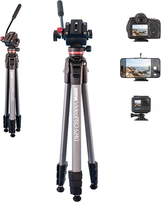 Sunpak VideoPRO 62" Aluminum Tripod with Gopro Adapters and Carry Bag | Removable pan-and-tilt handle, 17.6lb capacity, 62" height, 21.6" folded, 2.9lb, low-angle latches, phone/GoPro adapters, bag