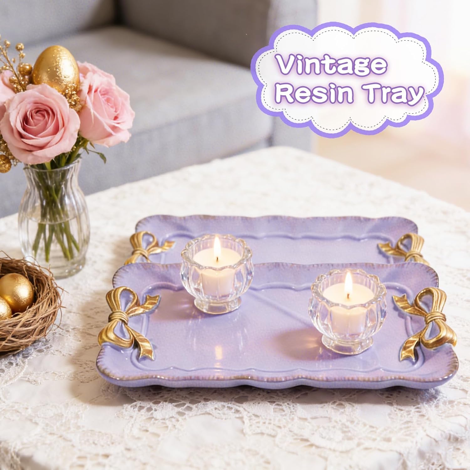Wowagoga 2 PCS Vintage Decorative Tray Jewelry Tray Storage Tray (Purple) image 3