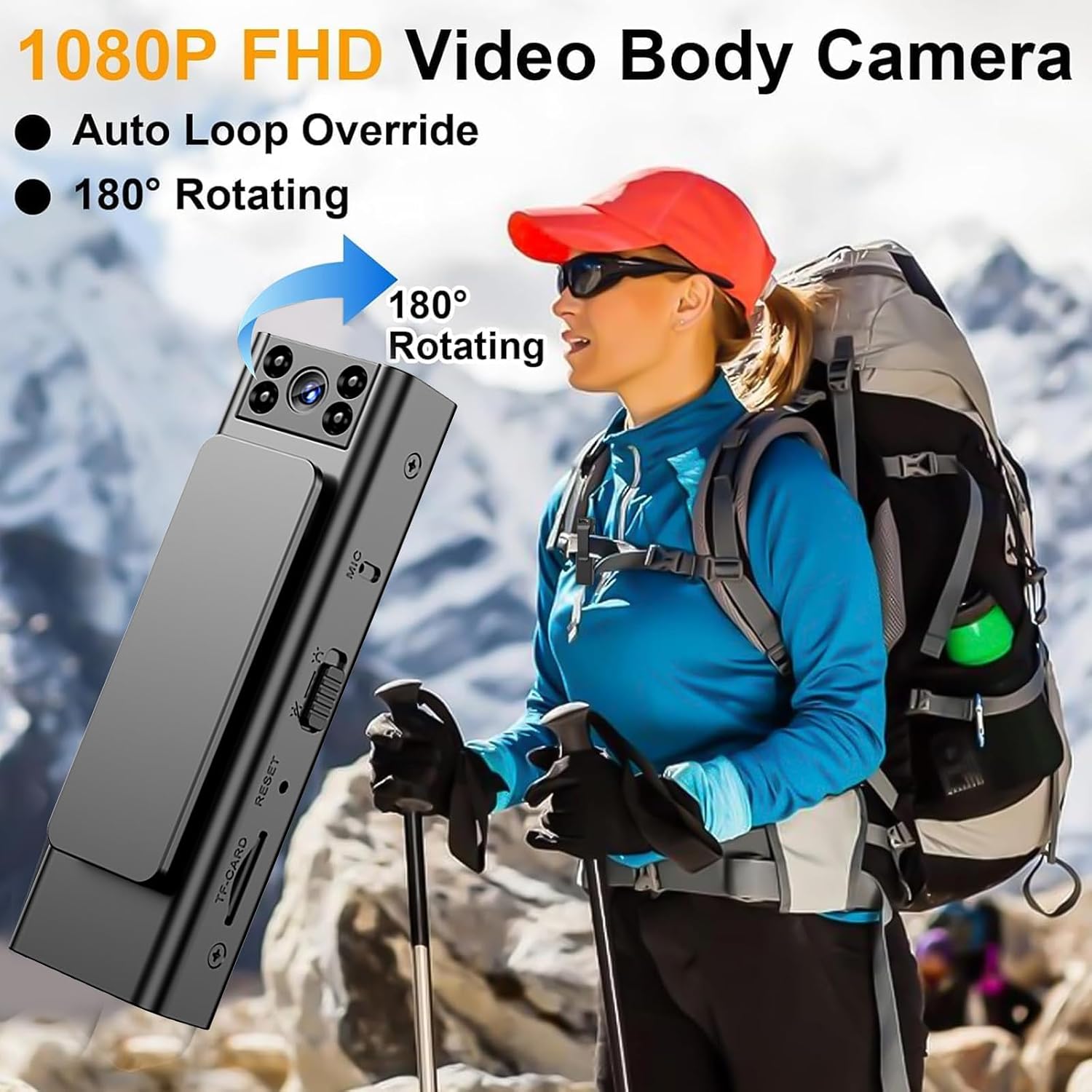 Clip-on 1080P Wearable Camera with 180° Rotating Lens, & 6Hrs Motion-Activated 32GB Storage Body Camera for Security