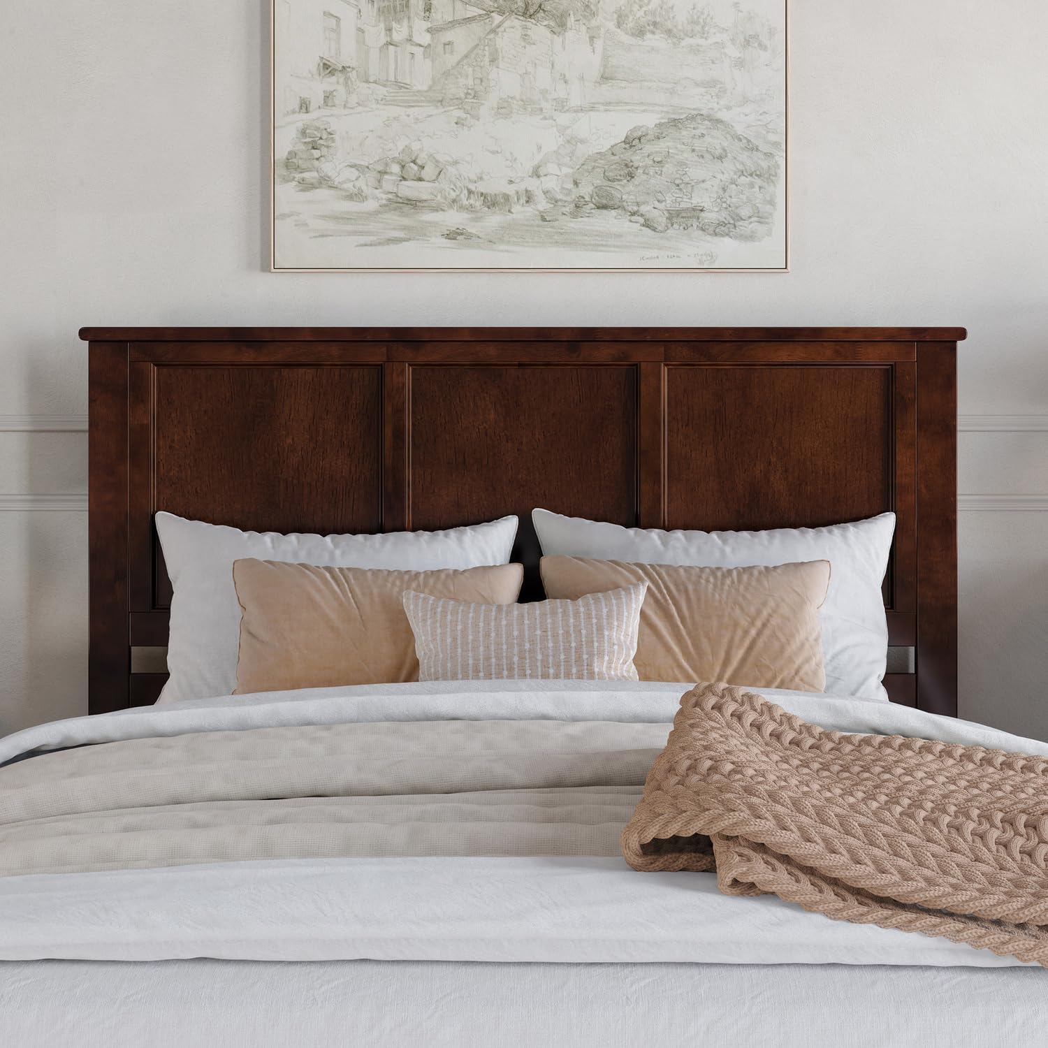 HomeStock Victorian Headboard with USB Charger Wood Panel Design Metal Bed Frame Compatible Queen/Walnut