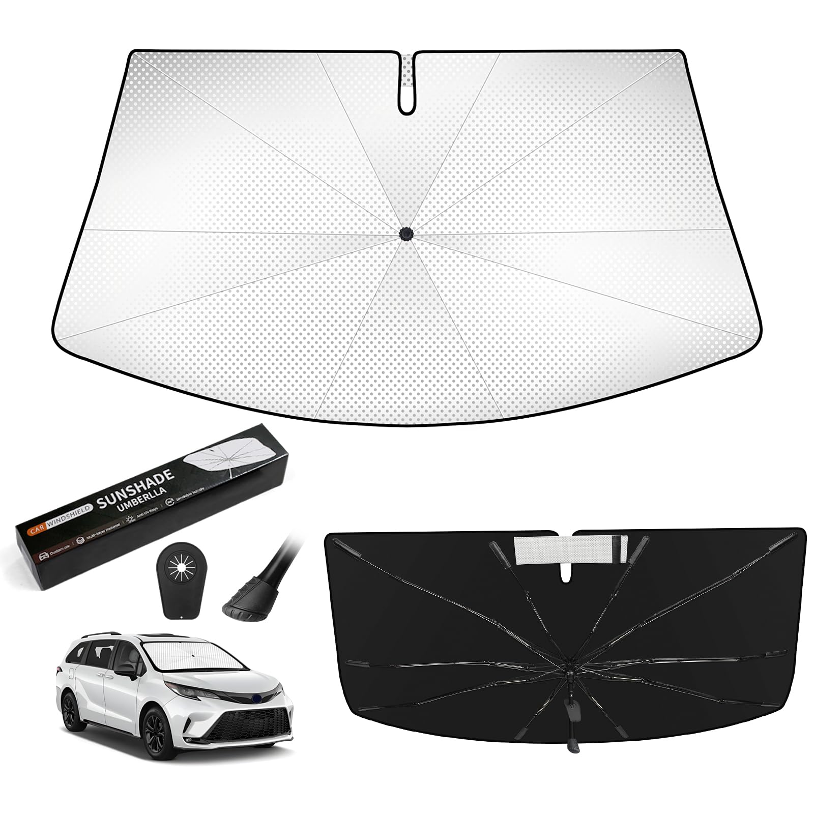 Photo 1 of VEENJOY Windshield Sun Shade Umbrella for Toyota Sienna 2021-2026, Foldable Car Window Interior Sunshade with 360° Bendable Handle & Rearview Mirror Cutout, Titanium Silver HUPF 50+ Heat Insulation