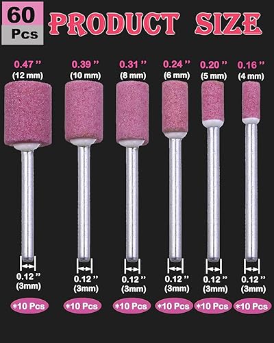 Miniatura 7 de SHITIME Juego de 60 piedras de molienda con vástago de 18 pulgadas, broca de lijado (forma de cilindro de 12108650.157 in) para herramienta
