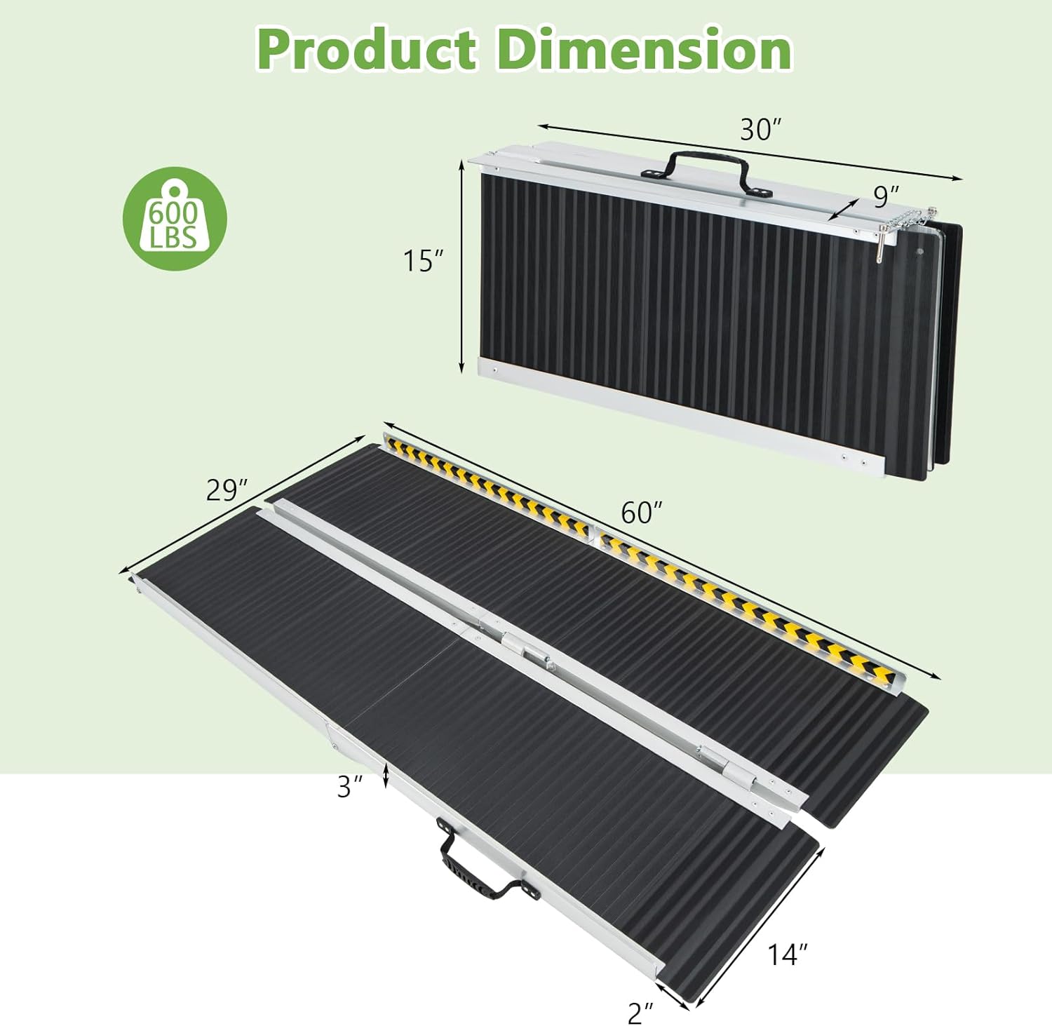 Goplus Portable Wheelchair Ramp 5 FT, Folding Handicap Ramp w/Transition Plate & Non-Slip Surface, Reflective Warning Stickers, Threshold Ramp for Stairs, Doorways, Steps, Scooter, Trunk, Garage