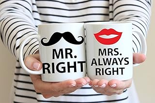 Mr Right und Mrs Always Right Mugs-sexy rote Lippe und Bart Kaffee Tassen, Sets-Valentines Day Gifts für Sie/Ihn Hochzeit Geschenke für Paare