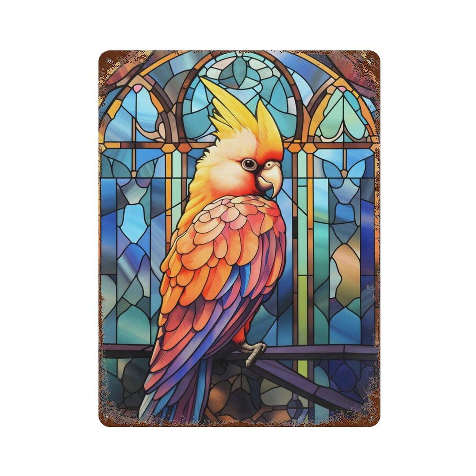 Cockatiel Stained Glass Decorative Tin Sign 15.7"x11.8", Retro Wall Decor for Living Room, Hallway And Home Decor