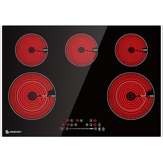 AMZCHEF 30 Inch 8400W 5 Burner Electric Cooktop, Drop-in Ceramic Glass Cooktop, 16 Power Levels, 85% Heat Efficiency, Child Lock, Timer, 220-240V, Hard Wire, No Plug