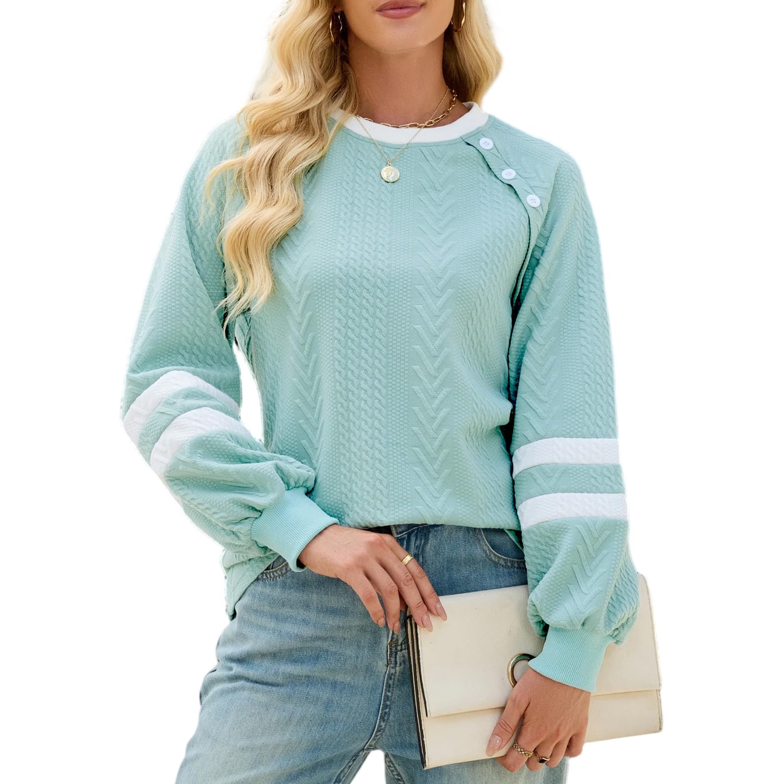 Quatrefox Sweatshirt Damen Langarm Oberteile Elegant Rundhals Shirt Basic Tunika Farbblock Freizeit Tshirt