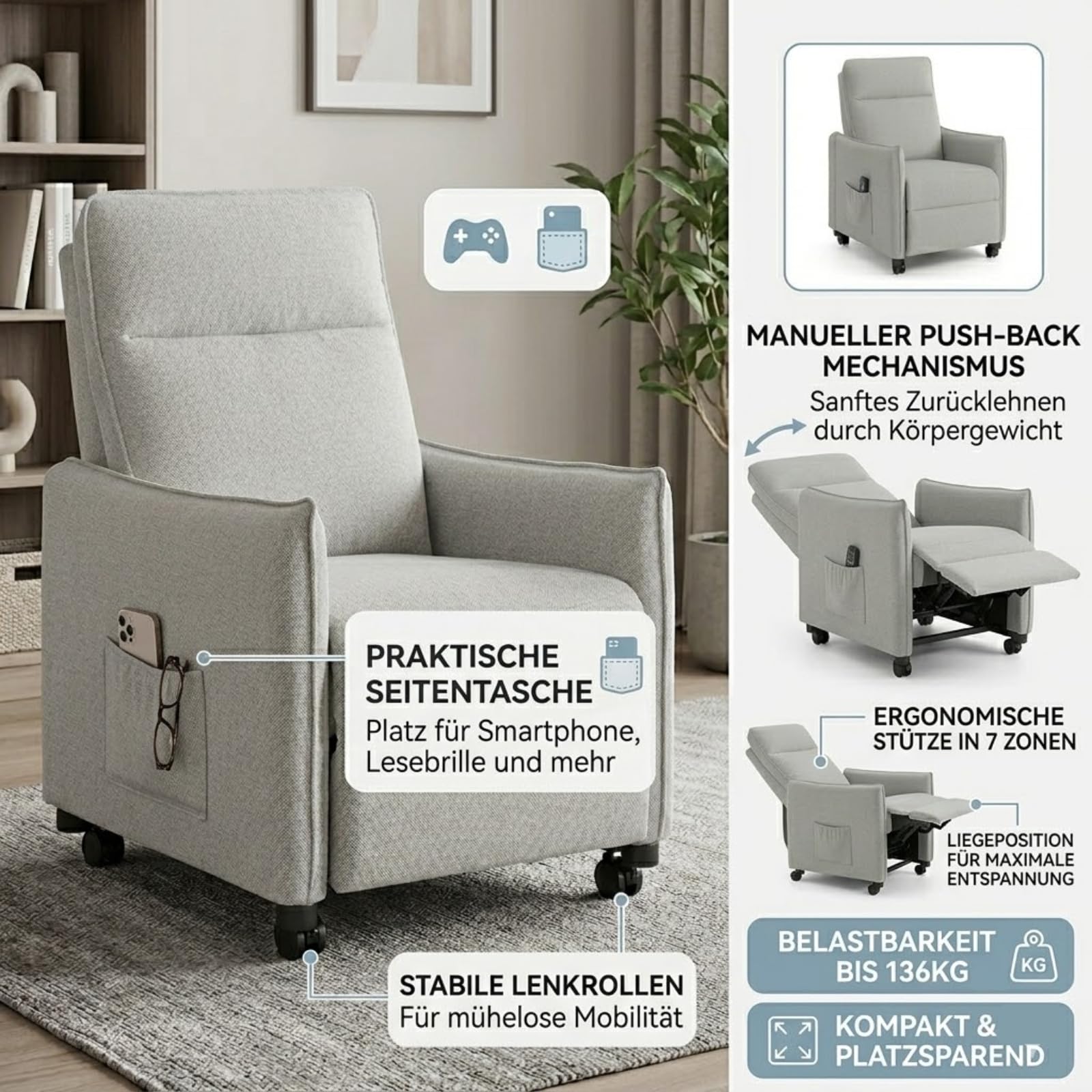 Relaxsessel mit Verstellbarer Rückenlehne, Ruhesessel mit Liegefunktion Stilvoll Fernsehsessel, Lounge Sessel Stuhl Wohnzimmer Ergonomisch Armlehnstuhl Einzelsofa Grau, Relaxsofa Liegesofa