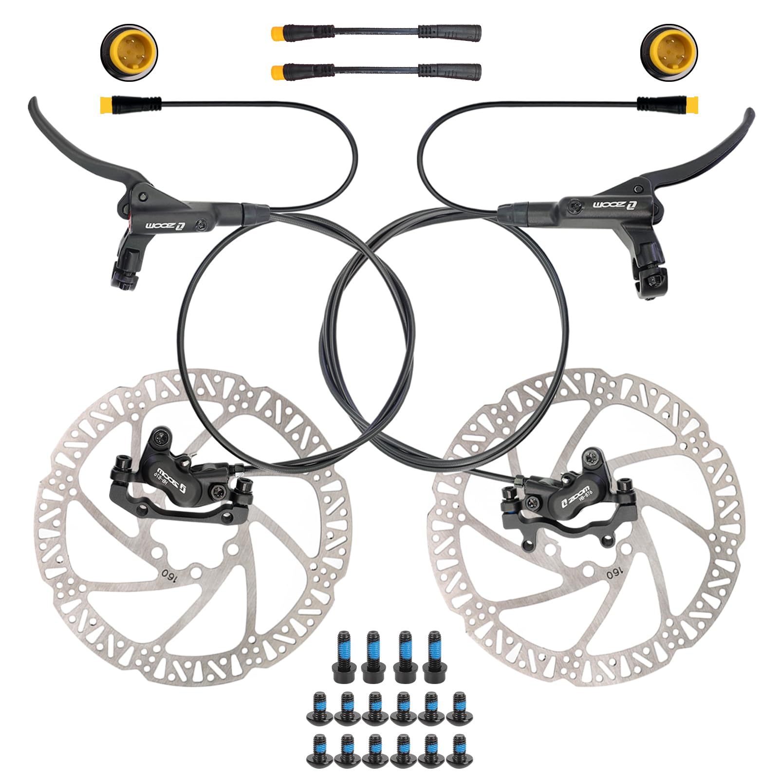 JFOYH Kit de Freno Hidráulico para eBike HB876E – Pinzas de 4 Pistones, Sensor de Corte 2/3 Pin, Pre-Purgado con Aceite Mineral, Discos de 160 mm, Potencia de Frenado Superior