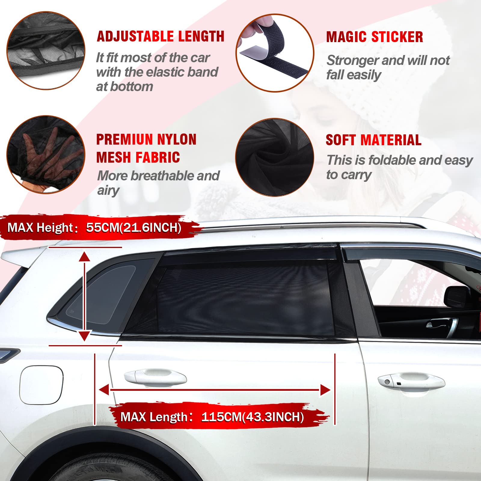 Rajvia Tendine Parasole Auto Bambini,Oscuranti Misura Universale Senza Ventose Esterne Protezione Neonati da Raggi UV Autoaderente Automatica Kit Finestrini Posteriori (Set 2 Pezzi)(XL)