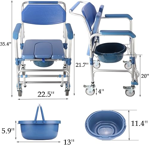 Miniatura 2 de uyoyous Silla de cama 4 en 1, silla de ruedas multifuncional con ruedas de 4 pulgadas, silla móvil sobre inodoro con capacidad de 250 libras para