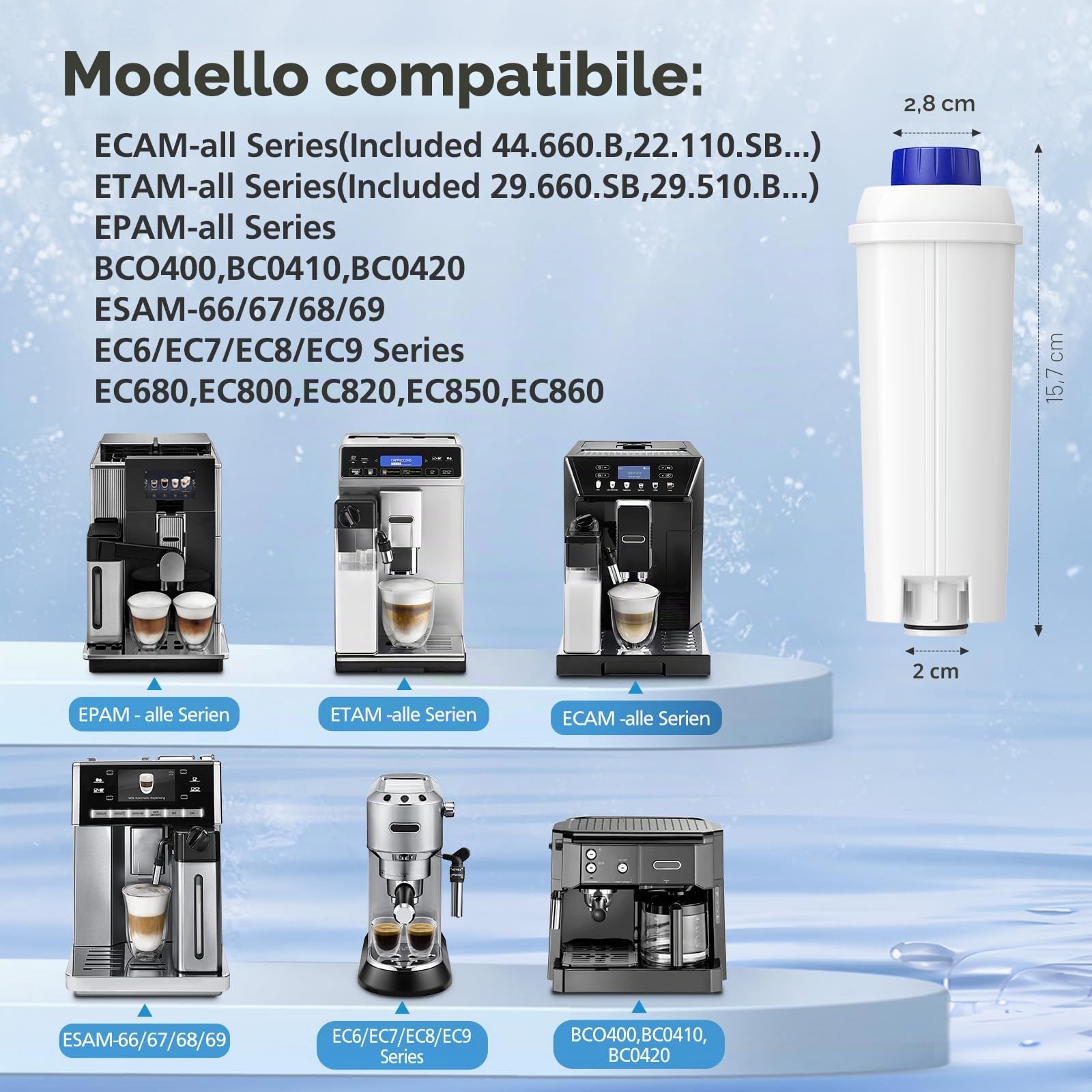 DLSC002 - Filtro dell'acqua per macchina da caffè DeLonghi, ricambio compatibile con macchine da caffè De'Longhi ECAM, Esam, ETAM, BCO, EC (confezione da 6)