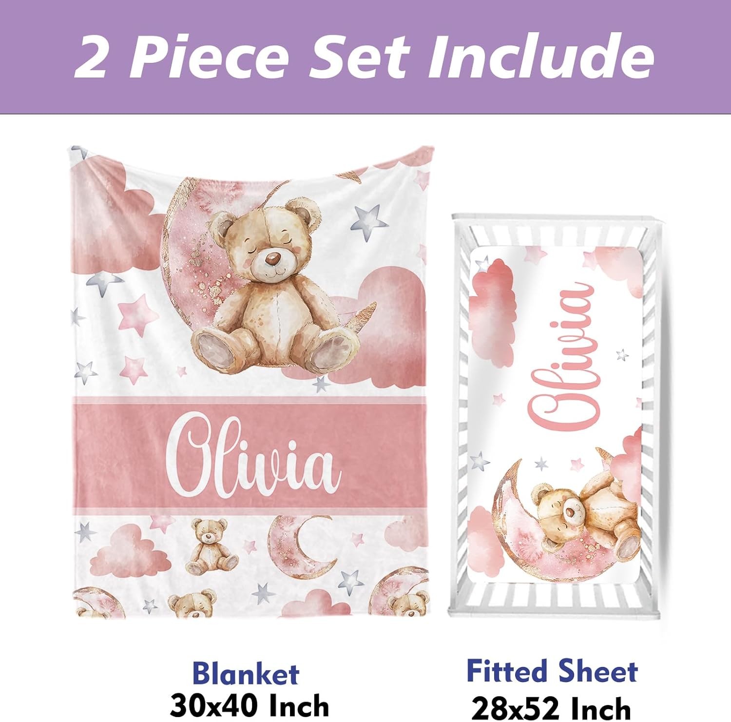 Personalized Crib Bedding Set, Toddler Pink Bear Theme Set with Name, 2 Pcs Baby Crib Set for Infant Babys, Comfort Double Layer Blanket and Crib Sheet, Newborns Gifts for Baby Girls