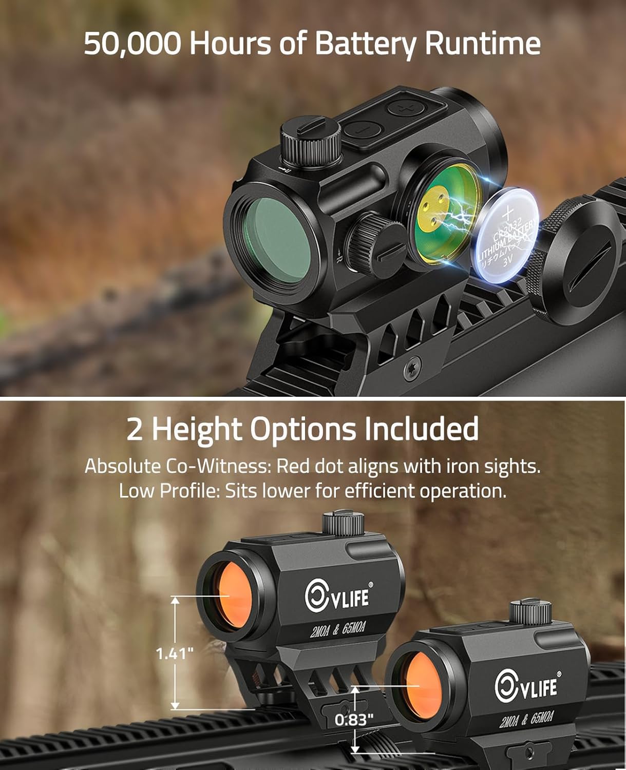 CVLIFE Multi-Reticle 2 MOA Dot & 65 MOA Circle Red Dot, Motion Awake Red Dot Scope, 50K Hours Battery Life IPX7 Waterproof, Red Dot Optics with Absolute Co-Witness Riser & Low Mount for 21mm Picatinny