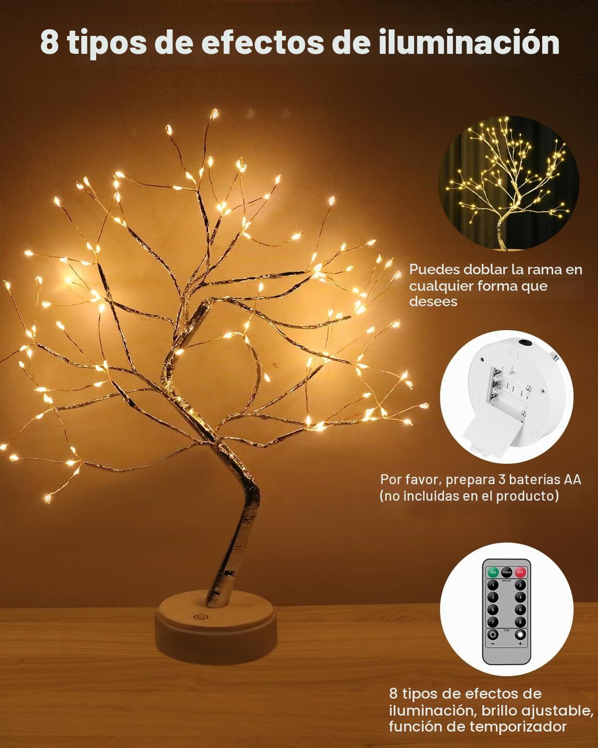 Arbol Luces LED, 108 LED Arbol Lampara Mesa, 8 Modos de Luz y Operación de Control Remoto y Temporizador, Adecuado para Decoración del Hogar, Navidad, Regalos