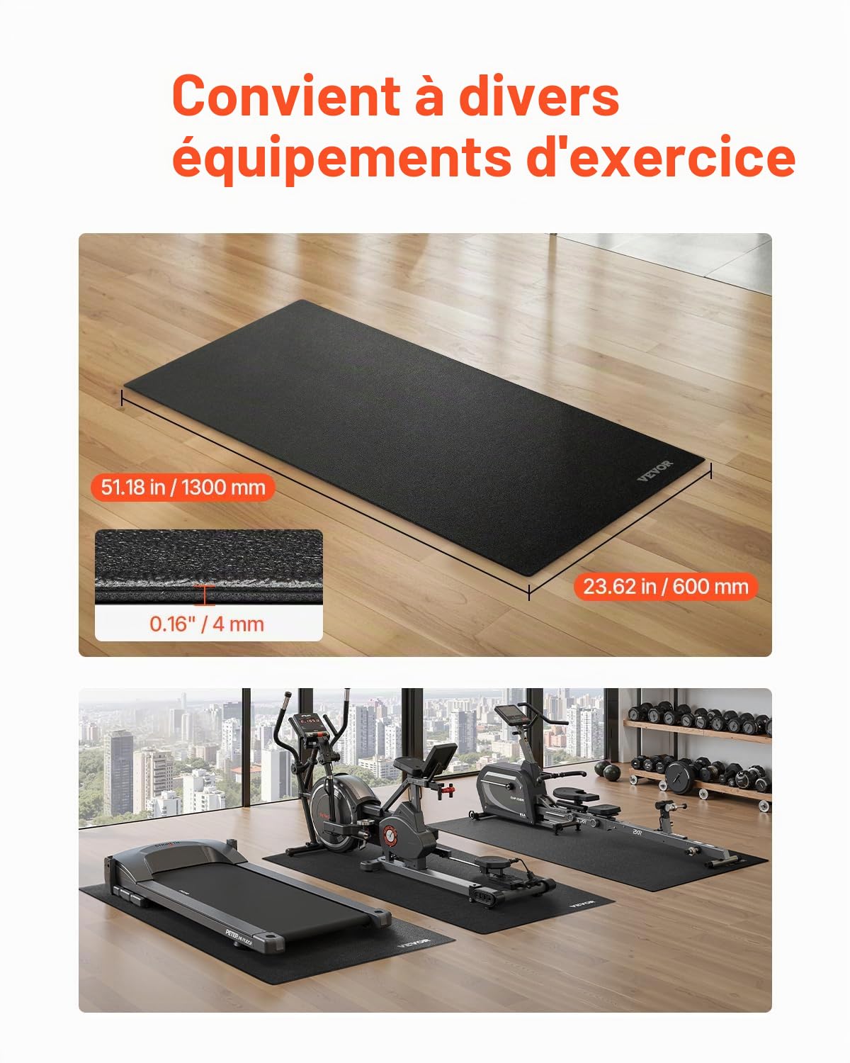 VEVOR Tapis de course pour tapis de sol, équipement d'exercice pour tapis de course, vélos stationnaires et couchés, protection de sol en PVC haute densité, imperméable et antidérapant, pour salle de