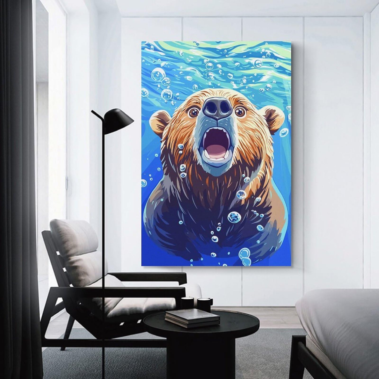 Junmoney Unframe-Style-1 Surprised Bear Underwater With Bubbles Decorative Canvas Print, 24X36inch(60X90cm), For Home, Office, Studio Or Guest Room, Versatile Wall Decor For Many Rooms