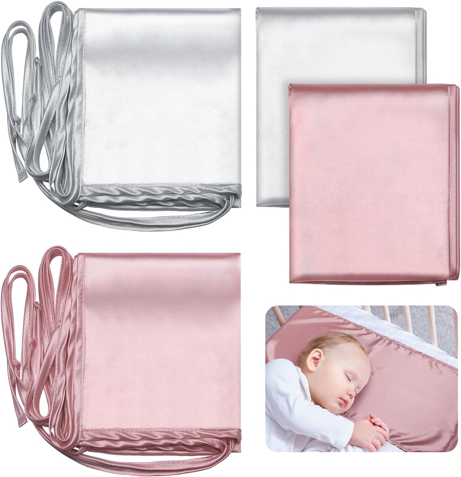 Hosuly 2 Pcs Satin Bassinet Sheet Baby Hair Soft Silk Feeling Sheet Baby Bassinet for Rectangle Cradle Pad Mattress Boys Girls Newborn Infant(Pink, Gray)