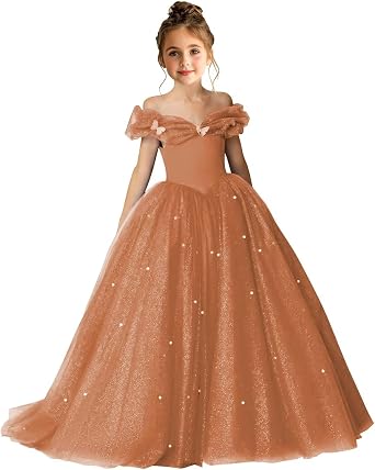 Sparkling Flower Girl Dresses for Wedding Off Shoulder Pageant Dress for Girls Junior Bridesmaid Dresses