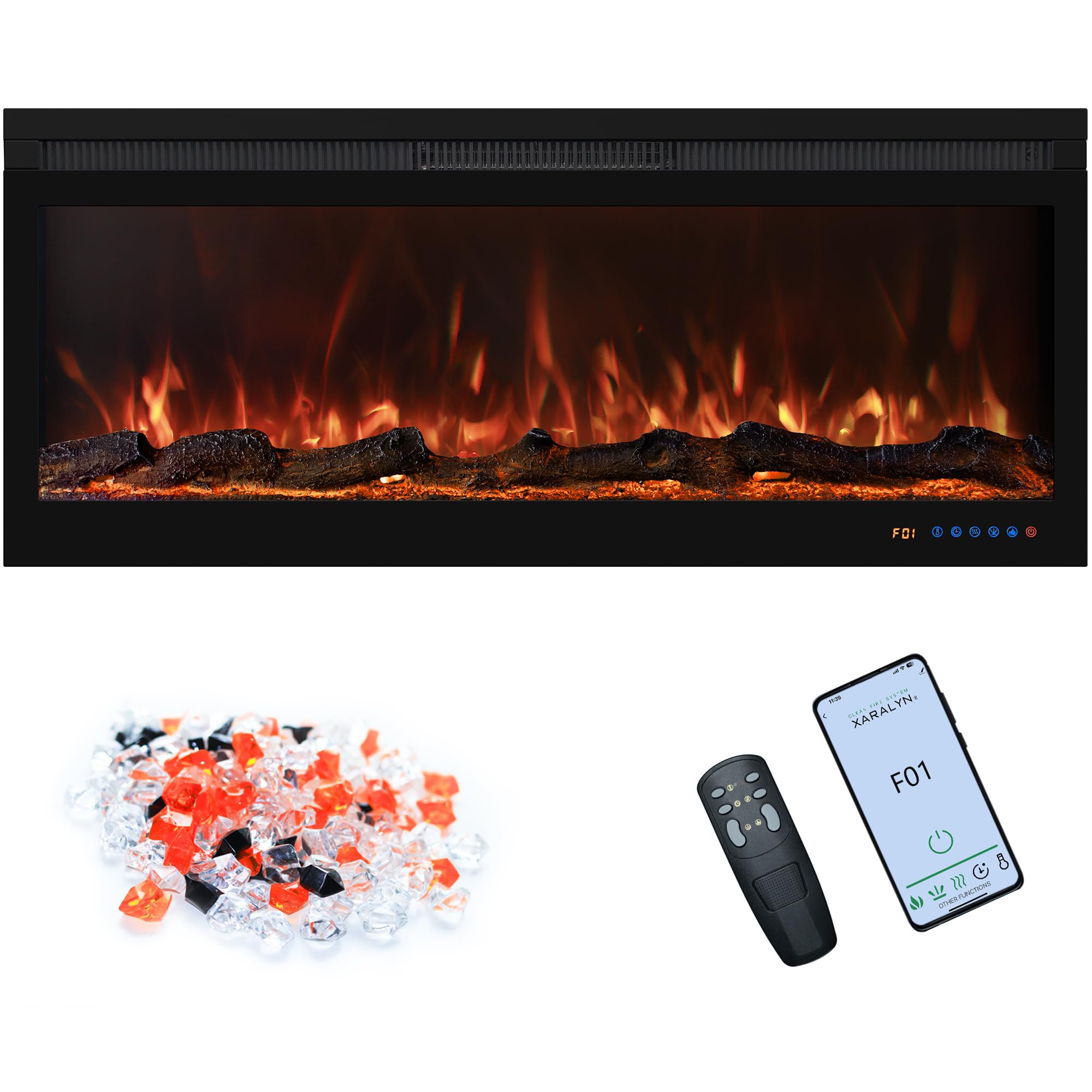 107cm Electric Fireplace Wall Mounted/Recessed Fire Places with surround 42inch Realistic Heating, 13 * 13 Flame Effect with Log& Crystals, Remote control Temperature& Timer, Black