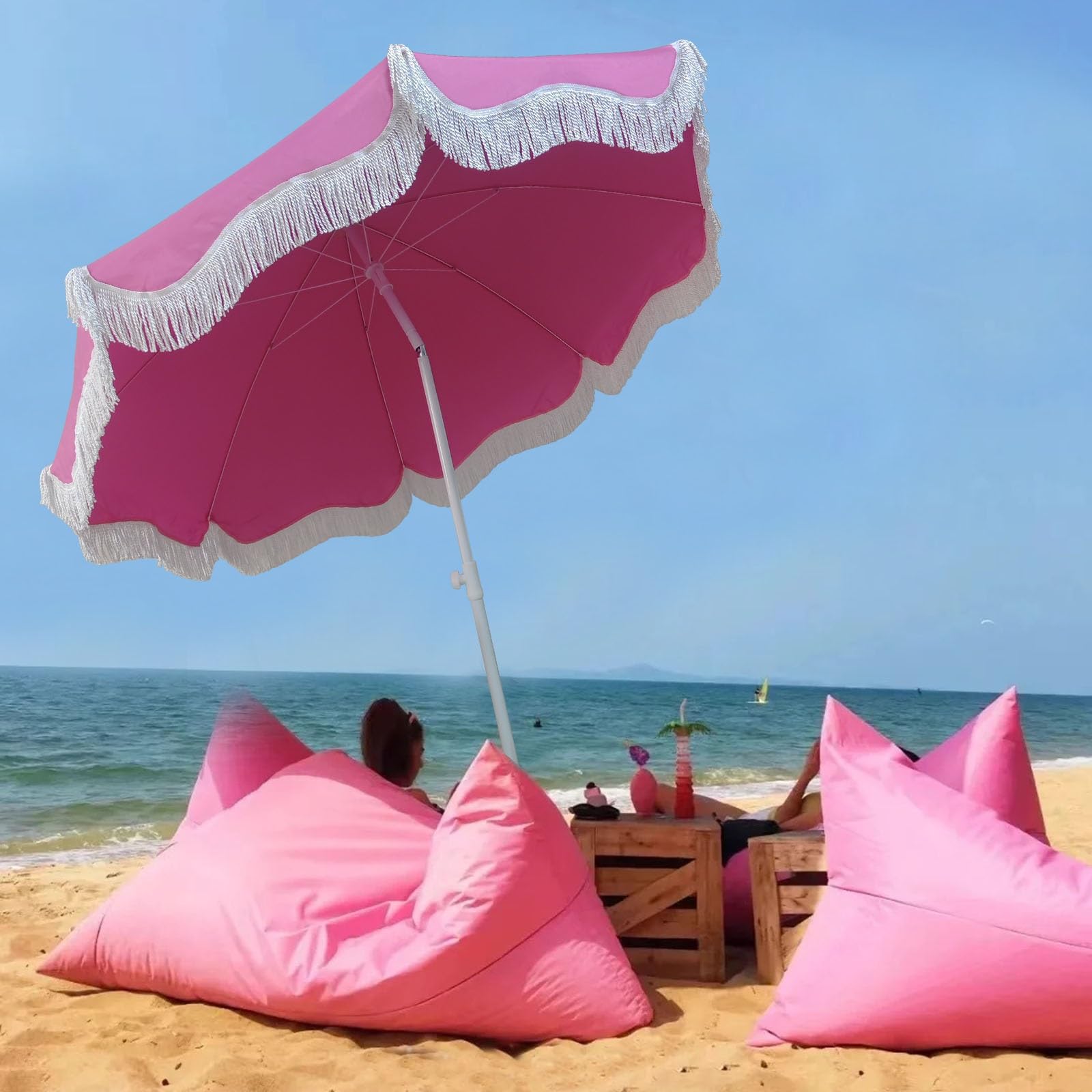 Beach Umbrellas for Sand Pink Boho Patio Umbrella with Fringe 6ft Pink Umbrellas Outdoor Patio Table Umbrellas for Outside with Tilt White Pool Umbrellas Sun Protection Waterproof ( Color : Red )