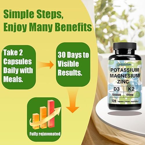 Miniatura 3 de Suplemento de potasio y magnesio, suplemento de zinc y magnesio de potasio liposomal, con vitamina D3 y K2, vegano, sin OMG, 120 unidades (paquete