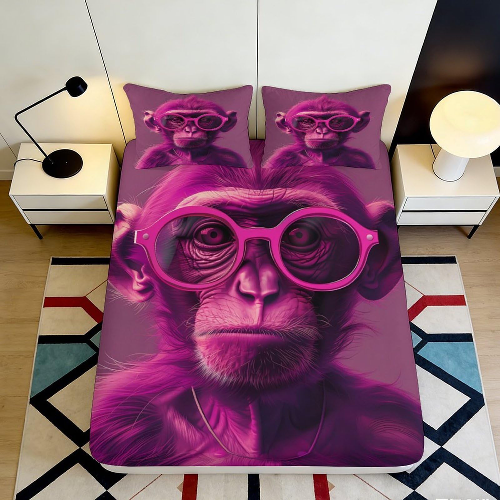 3D Printed Purple Funky Monkey Fitted Sheet Microfiber Soft Anti-Slip Cartoon Bed Cover for Bedroom Guest Room Decor 200x200x25cm