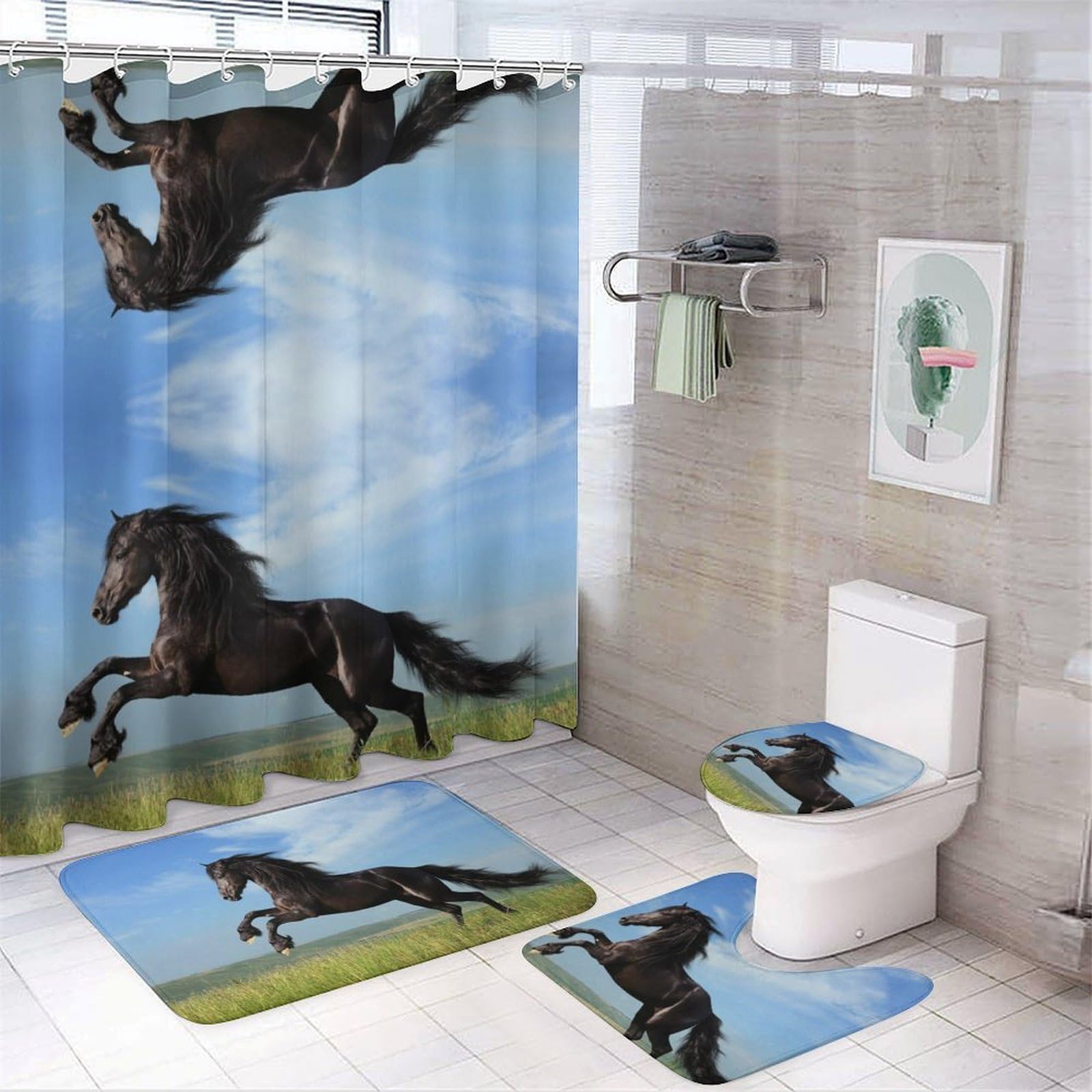 Wlntrophic Bathroom Mat Set 4 Piece, Black Horse Shower Curtain with Non-Slip Bath Mats for Bathroom