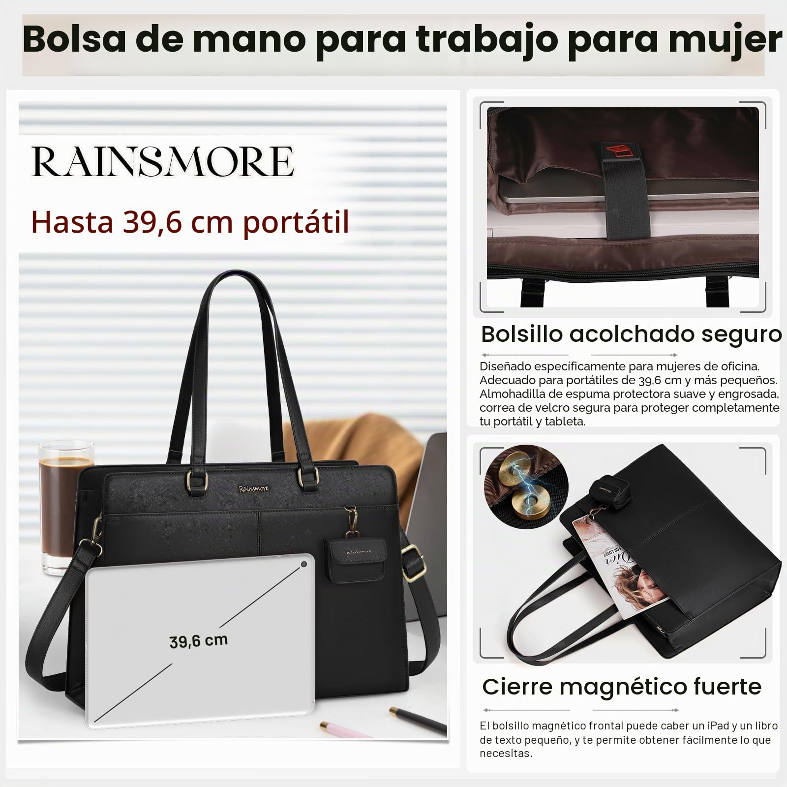 RAINSMORE Bolso Portátil 15.6 Pulgadas Mujer, Maletín de Trabajo Elegante en Cuero PU Impermeable, Bolso de Hombro Tipo Tote para Universidad y Oficina, Bolsa Bandolera Grande, Negro