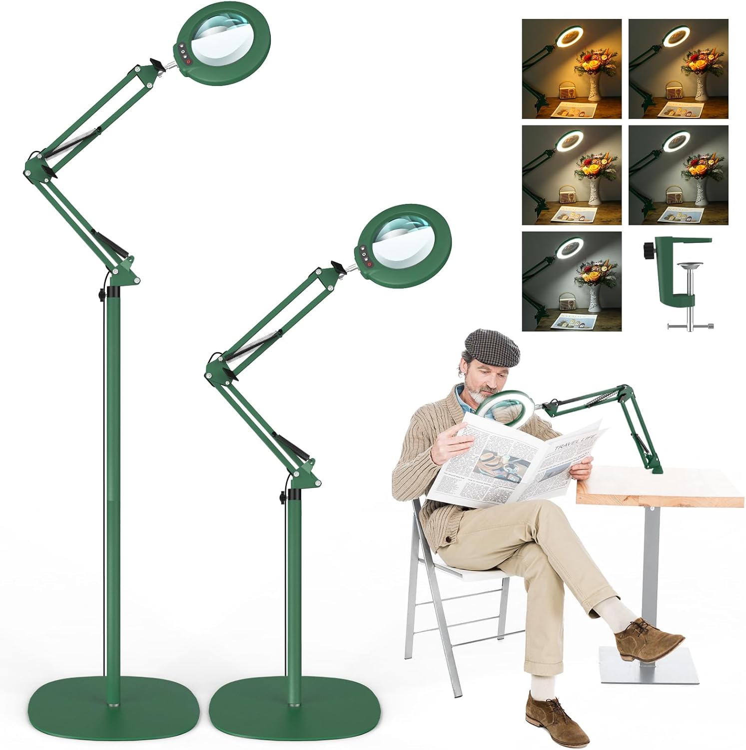 10X Magnifying Glass with Light and Stand, Real Glass Lens (Not Acrylic), 5 Color Modes, Stepless Dimmable, LED 3-in-1 Floor Lamp, Swing Arm with Clamp, Lighted Magnifier Hands Free for Craft, Reading