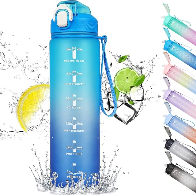 CodiCile Motivational water bottle,1L Sports Water Bottle with Straw and Time Markings,Leakproof Time Water Bottle with BPA Free Lid for Sports Gym Office Running (Blue Gradient)