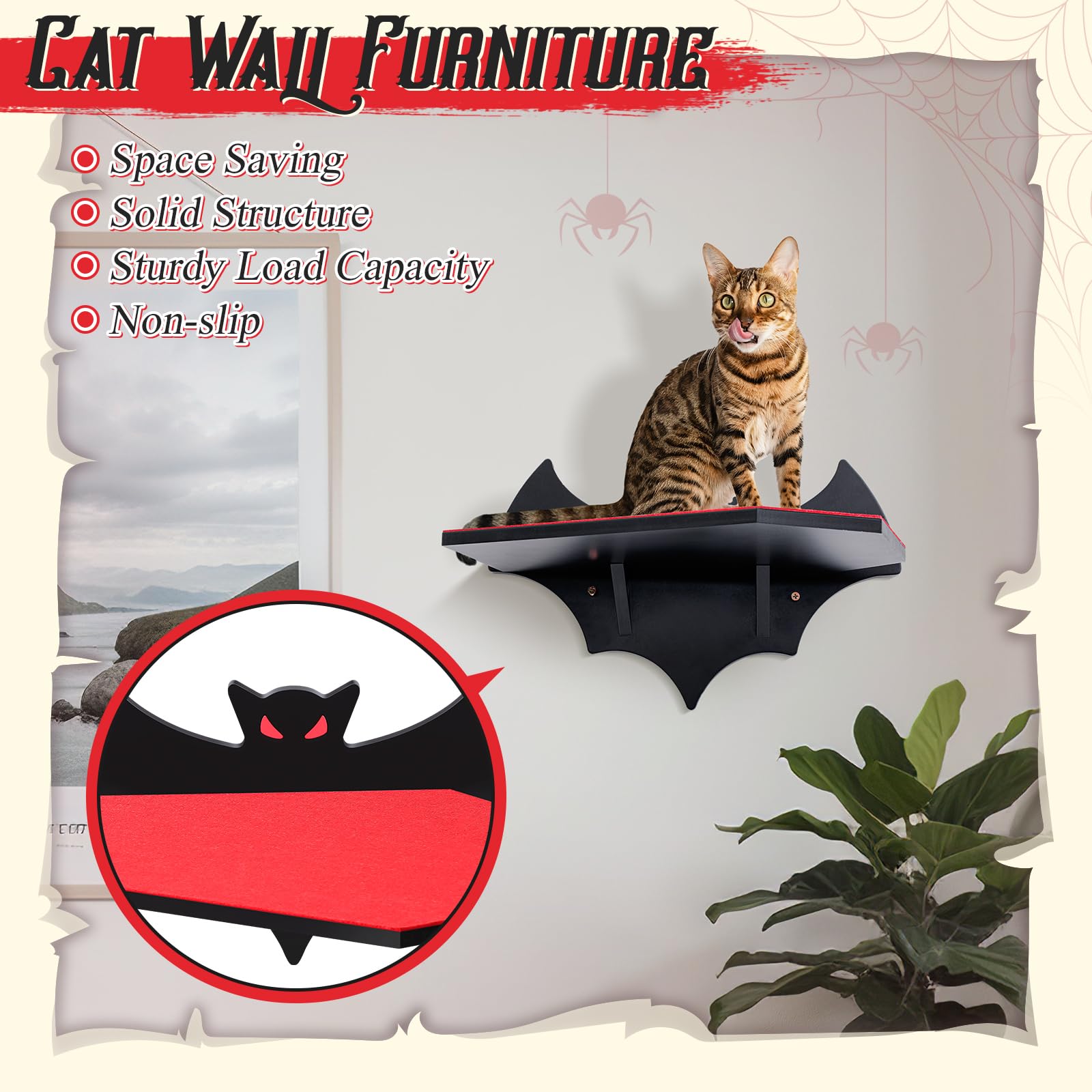 Gemscream Estantes de montaje en pared para gatos, estante flotante de murciélago gótico con cama de ataúd, pared para gatos, árbol de carga de hasta 30 libras/14 kg, árbol de gato negro para montaje