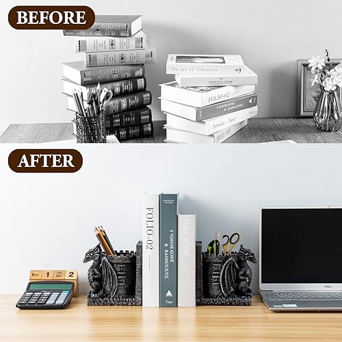 Miniatura 2 de Sujetalibros de dragón, gótico de resina negra con diseño de dragón, sujetalibros con diseño de dragones de fantasía decorativos y torre de piedra,