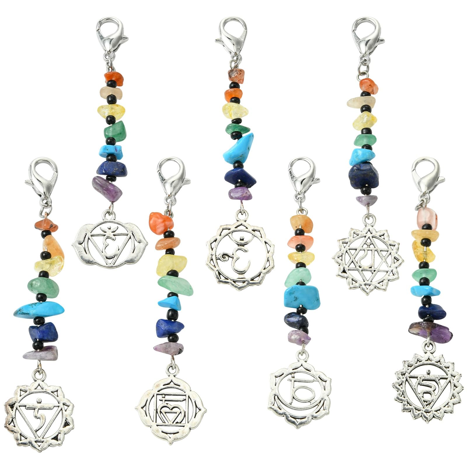 Stiesy 7 Pcs Natural & Synthetic Gemstone Pendant Decoration with Lobster Claw Clasps Tibetan Silver Charms Decorations for Jewellry Keychain Backpack Ornament