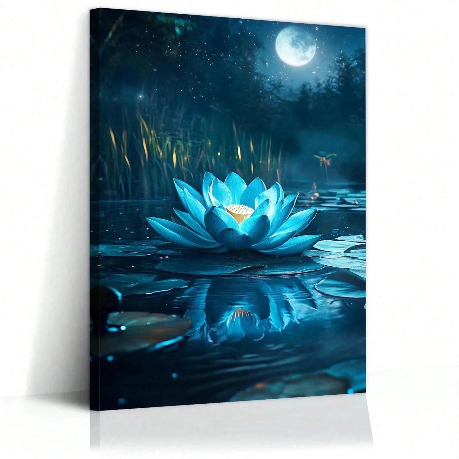 AIHNBF Mistico fiore di loto blu chiaro di luna laghetto stampa su tela incandescente ninfea notte natura paesaggio pittura zen meditazione decorazione per soggiorno camera da letto 80 x 120 cm