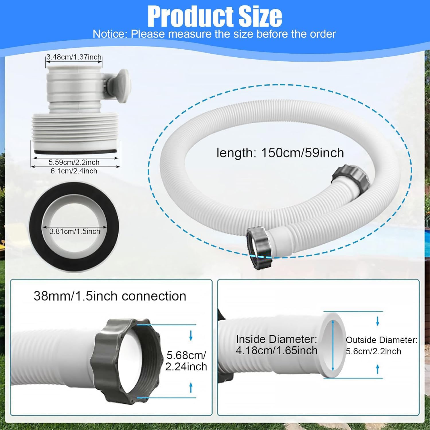 Wąż basenowy 38 mm, 2 sztuki, do basenów naziemnych, 150 cm, wąż basenowy z 2 adapterami typu B, wąż zastępczy, akcesoria do pompy filtrującej